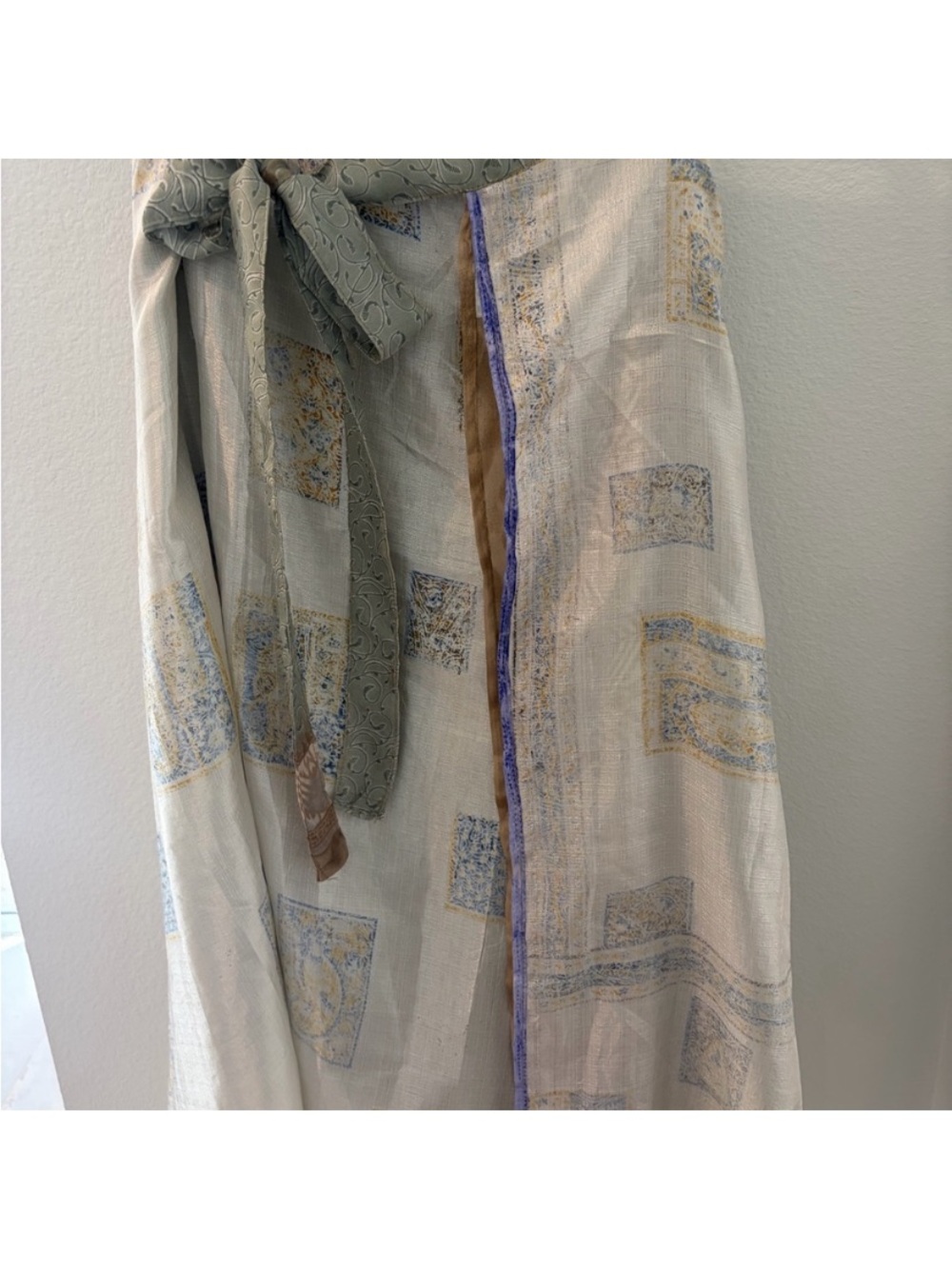 Reversible Cream Patterned Wrap Skirt with Blue and Green Accents